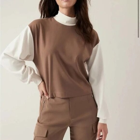 Athleta Tops - Athleta Brown and White Layered-Look Sweatshirt